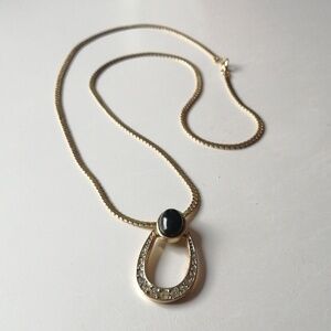 Black Cabochon Door Knocker Pendant Goldtone Flat Chain Necklace